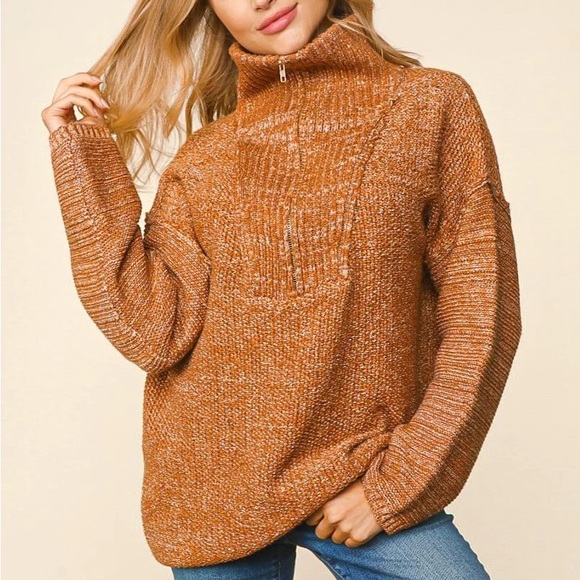 Plus Size Chestnut Brown Two-Tone Fall Half-Zip Pullover Knit Sweater, 1X-2X-3X - Picture 7 of 10